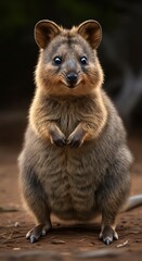 Obraz premium The quokka sits on his hind legs with a characteristic friendly smile on his face