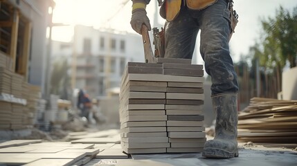 Construction Worker Handling Bricks on Site