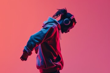 Stylish fashion teenager model wearing hoodie and headphones listening dj music dancing in purple neon lights. Young teen girl enjoy cool music 90s party mix in violet studio background. Copy space