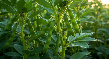 Fototapeta premium Brightly Lit Vicia Faba (broad Bean) Farm At Harvest Time