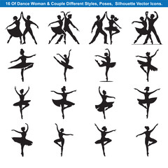 Elegant Ballet and Dance Silhouette Collection of Couples and Solo Performers on White Background