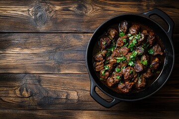 Cast iron pan filled with cooked meatballs in rich sauce, garnished with fresh herbs, on rustic wooden table.