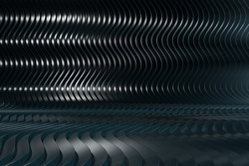 Wavy metallic surface with dynamic light reflection for modern interior design. 3d render.