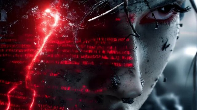 Futuristic female cyborg face cracked and illuminated by glowing red digital codes with exposed wires