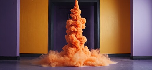 Orange smoke plume in purple & yellow room. Abstract art. Design
