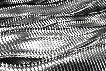 Metallic abstract wave pattern with shiny textured surface for modern design. 3d render