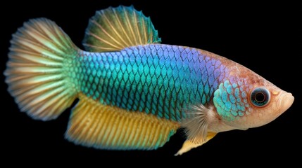 Fototapeta premium Colorful Freshwater Fish with Vibrant Blue and Yellow Scales Against a Black Background