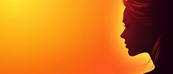Silhouette of a serene adult woman in profile against a warm orange gradient background, conveying elegance and mystery