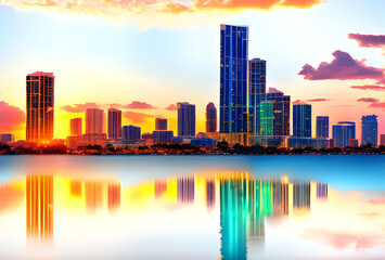 Obraz premium Stylized illustration of a city skyline reflected in water with bright colors and elongated shadows, high quality, generative ai