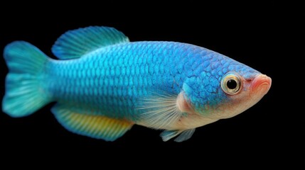Fototapeta premium Bright Blue Tropical Fish with Iridescent Scales Against Black Background