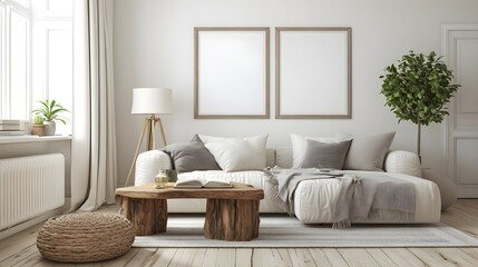 Elegant Living Room with Blank Wall Frames and Cozy Decor