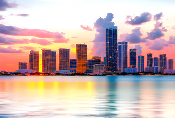 Fototapeta premium Stylized illustration of a city skyline reflected in water with bright colors and elongated shadows, high quality, generative ai