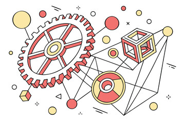 Obraz premium 73 Abstract geometric composition, chaotic 3D shapes, spheres and cubes, mechanical parts, colorful elements, exploding design, interconnected lines, floating objects, white background, digital art, f