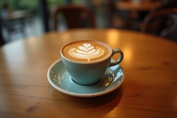 Obraz premium Latte Art in Teal Cup on Wooden Table: A Warm and Inviting Coffee Scene 