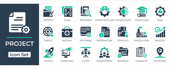 Modern flat project icon set with business, planning, research, software, marketing, checklist, milestone, and technology symbols. Perfect for corporate designs.