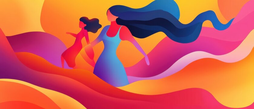 Abstract illustration of two women in flowing dresses with vibrant colors, embodying themes of femininity, movement, and artistic expression