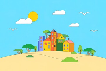 Fototapeta premium Colorful Buildings and Trees Under Blue Sky with Birds Design