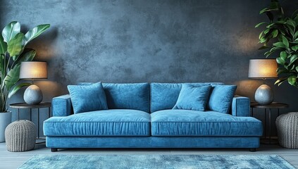 Modern living room scene featuring a deep teal sofa.