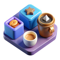 Isometric 3D Render of Colorful Coffee Set and Puzzle Pieces with Minimalist Playful Design