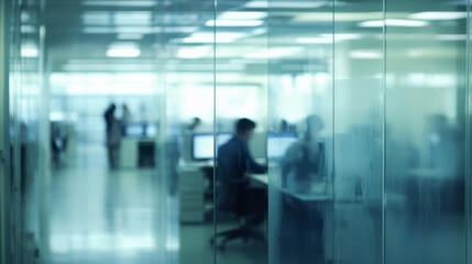 Blurred Office Interior Cool Toned Workspace Through Frosted Glass