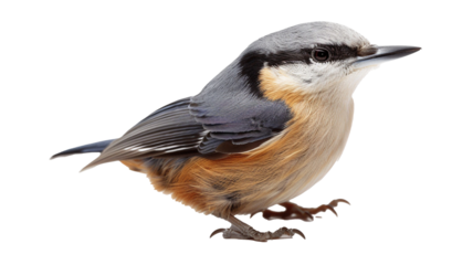 Charming Eurasian Nuthatch with grey-blue upperparts, a black eye stripe, and warm orange underparts, perched delicately. isolated on transparent background.