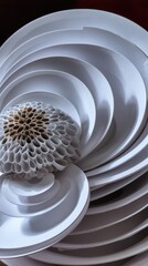 Abstract White Paper Sculpture Art Design Close up of Circular Layers and Flower Detail