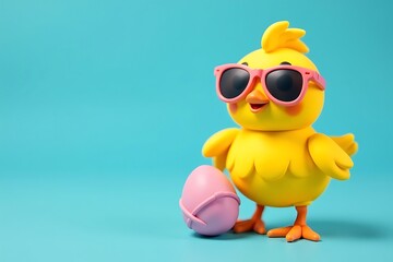 Fototapeta premium Cute Easter Chick Wearing Pink Sunglasses Holding a Decorated Egg Isolated Against a Turquoise Background. Festive holiday scene with playful vibrant colors.