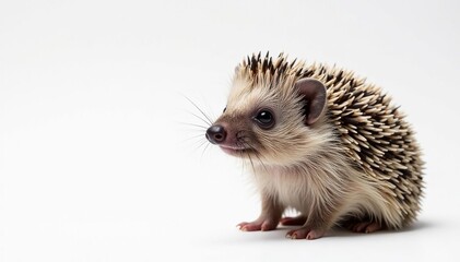 Obraz premium Close-up of a solitary hedgehog against a stark white backdrop, white background photography, wildlife photography, studio
