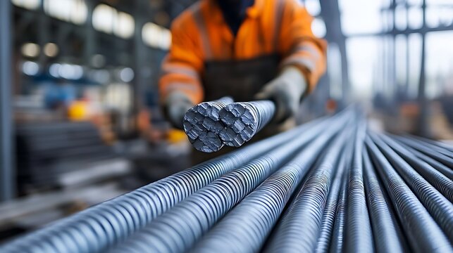 Worker Handling Steel Rebars in an Industrial Setting