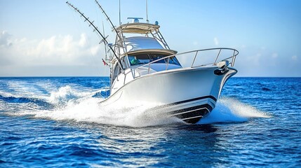 Fototapeta premium Sportfishing yacht cruising ocean, sunny day