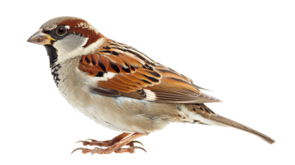 Charming brown and gray sparrow with a black bib and chestnut crown isolated on transparent background.