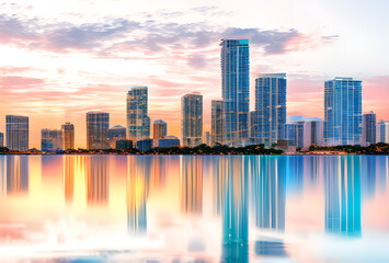 Fototapeta premium Stylized illustration of a city skyline reflected in water with bright colors and elongated shadows, high quality, generative ai
