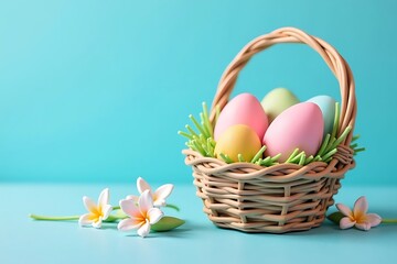 Pastel Easter Eggs in Wicker Basket with Flowers on Light Blue Background for Celebration                                                             