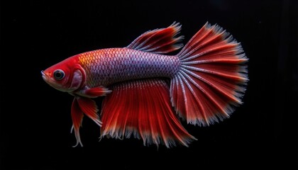 Fototapeta premium Colorful Betta Fish Swimming Gracefully in Dark Water Setting with Vibrant Fins