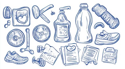 Fitness plan sketch workout equipment, health documents, and healthy lifestyle items