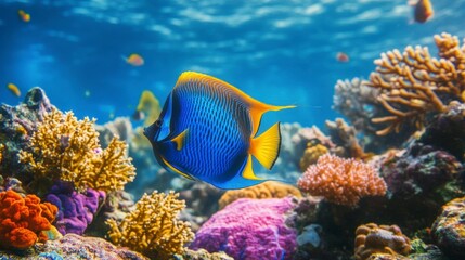 Obraz premium Vibrant blue angelfish swimming amidst colorful coral reef in clear ocean water.