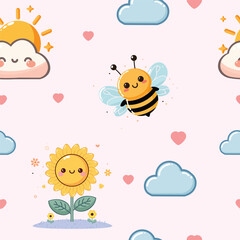 Vector illustration of cute cartoon seamless pattern of bees in style with clouds and suns