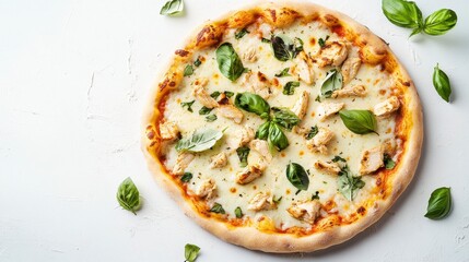 Chicken Basil Pizza on White Background