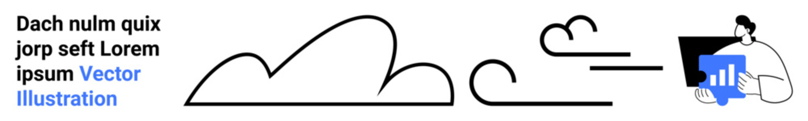 Abstract cloud illustration with a person analyzing data using a tablet. Ideal for technology, analytics, cloud computing, business solutions, innovation, data management, simple landing page