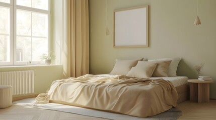 Cozy Bedroom Interior with White Frame Mockup on Wall