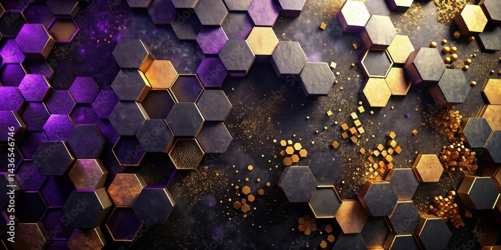 Poster abstract hexagon pattern with gold and purple accents on a dark background