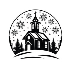 Fototapeta premium Silhouette Church with Snowflakes and Evergreen Trees in Round Winter