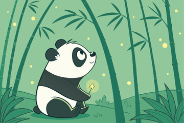 78 Cute cartoon panda, bamboo forest, magical glowing fireflies, lush green background, soft lighting, dreamy atmosphere, digital art, 3D rendering, high detail, adorable character design, fantasy ele © Md Ruhul Amin