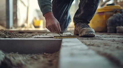 Construction Worker Measuring Concrete Slab