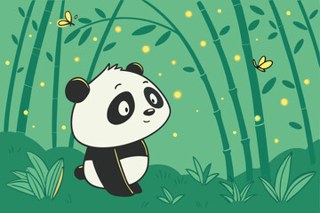78 Cute cartoon panda, bamboo forest, magical glowing fireflies, lush green background, soft lighting, dreamy atmosphere, digital art, 3D rendering, high detail, adorable character design, fantasy ele © Md Ruhul Amin