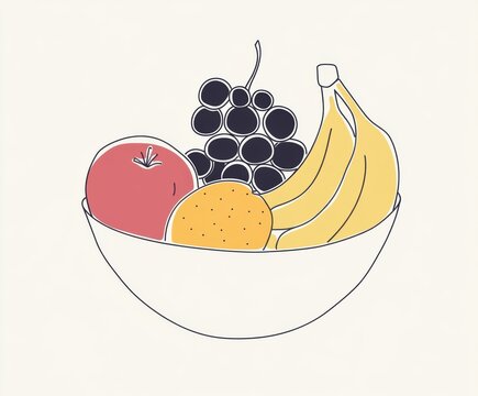 recommend clip art: Minimal line art of a bowl with assorted fruits: banana, grape, orange, apple.