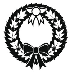 Black and White Round Holiday Wreath with Berries and Bows Isolated on White