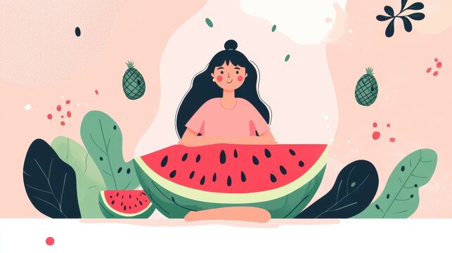 Playful illustration of a woman sitting with a watermelon, surrounded by leaves and summer motifs, in a cartoon style.