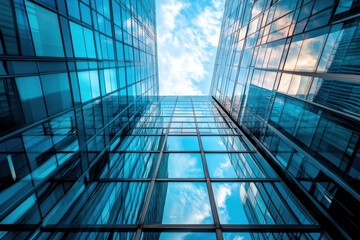 Looking up at modern glass skyscrapers with a blue sky reflection; tall corporate office buildings, urban landscape.