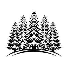 Obraz premium Silhouette Pine Tree Forest, Evergreen Fir Trees, Abstract Conifer Woods, Black and White
